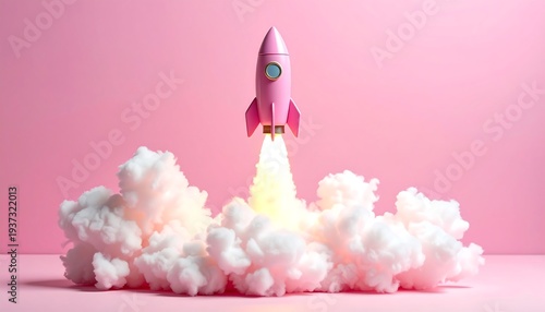 Pink rocket launches through cottony clouds against a pink background, a symbol of aspiration and imagination