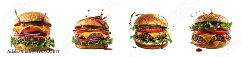 Assortment of four gourmet burgers with fresh ingredients splashing sauce isolated on transparent background