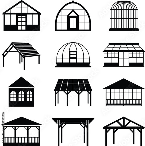 Garden structure silhouette set, gazebo, greenhouse, pavilion, pergola icons, outdoor shelter design, architectural sketch, black shape, landscaping concept