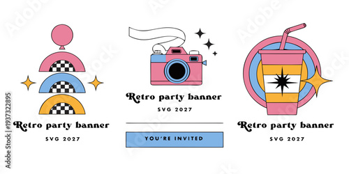 Retro Party Banner 2027: Colorful Vintage‑Style Event Designs with Geometric Shapes, Camera & Drink Icons for Invitations, Posters & Modern Celebration Graphics