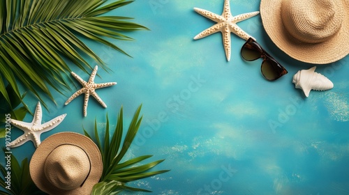 Beach Summer Scene With Starfish, Shells, Hat, and Sunglasses on Sand