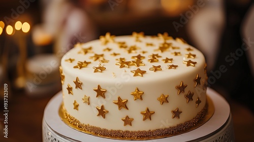 Golden Star Cake on a Table With Lights in the Background During a Celebration