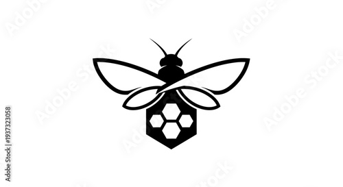 Geometric Black Bee and Honeycomb Outline Icon, isolated white background