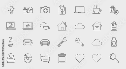 Versatile Black Line UI UX Icon Set for Digital Platforms on Light Gray Background