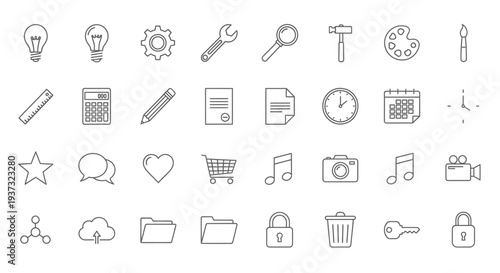 Comprehensive Set of Line Icons for Business, Education, and Technology in an Isolated White Background