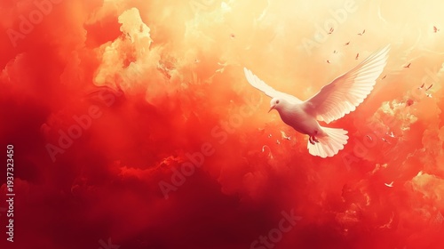 Bird Flies Through Bright Clouds in a Colorful Sky at Sunset