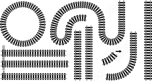 Train tracks silhouette vector icon set. Railway line and rail track symbols in simple vector design eps