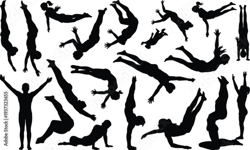 Gymnastics silhouettes vector set, acrobatic athletes performing flips handstands jumps, black sport action figures isolated illustration collection