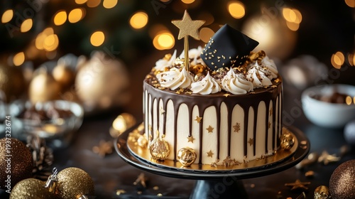 Celebration Cake With Golden Decorations and Festive Lights in the Background...