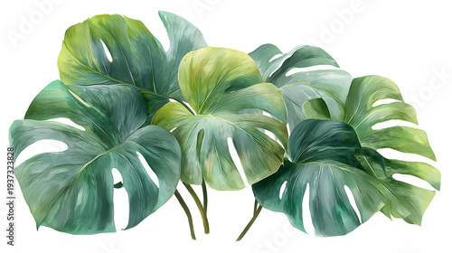 Ultra realistic HD decorative green leaves tropical design, isolated on white background