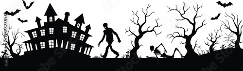 Halloween haunted house silhouette scene, spooky zombie skeleton graveyard trees bats and creepy horror night illustration