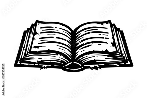 An open book with pages turned down, a classic illustration style, simple yet evocative, conveying knowledge and literature, inviting the viewer to explore its contents, against a clean white backgrou