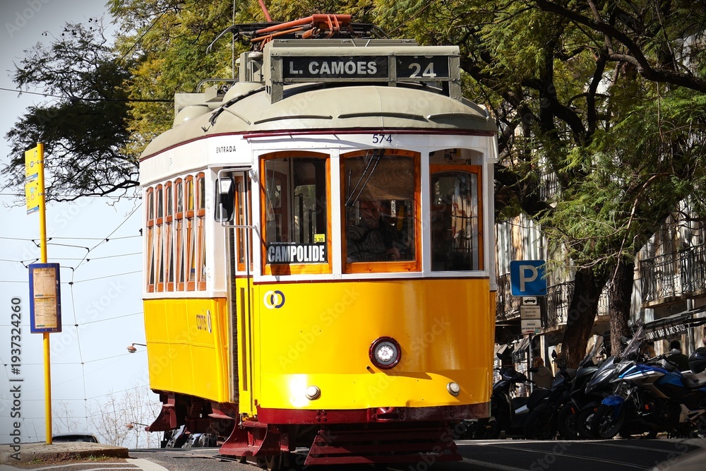 Naklejka premium Iconic yellow tram climbing through colorful houses in Lisbon, Portugal on a bright sunny day. Panoramic view of the city center with terracotta tiled roofs, blue sky and vibrant facades – classic Lis