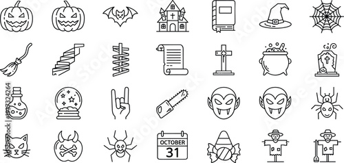 Halloween spooky line icons, horror symbols collection, witch vampire pumpkin elements, minimal outline vector set, scary holiday illustration pack