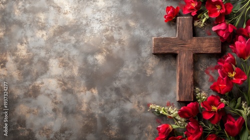 Wooden Cross Surrounded by Red Flowers on a Textured Background During Daylight