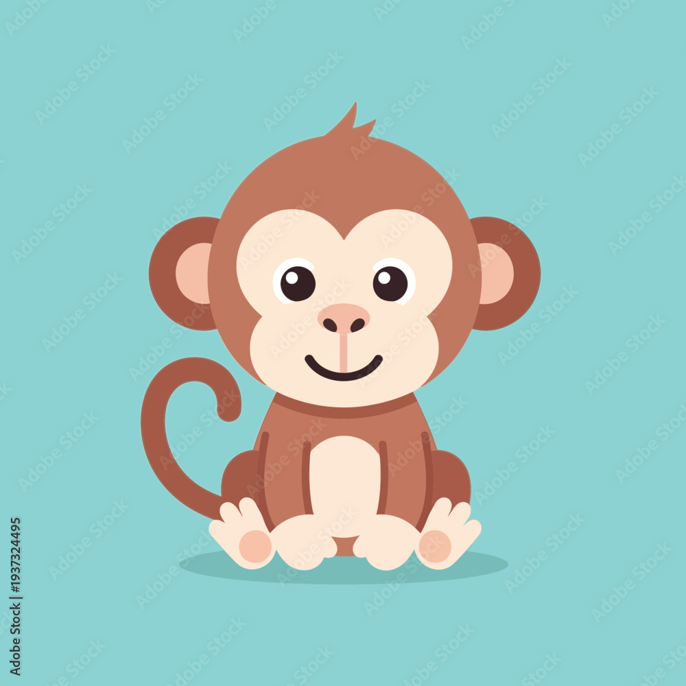 Obraz premium Cute cartoon monkey sitting with a happy expression on a blue background