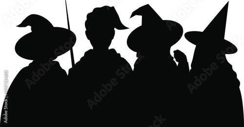 Halloween witch and wizard silhouettes group, spooky magic characters isolated on white background for festive design illustration