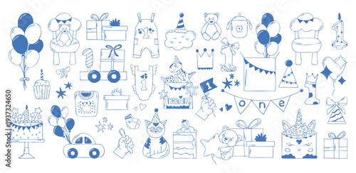 First birthday celebration set, party elements of cute animals, balloons, cakes, baby clothes. Hand drawn doodle blue line art vector illustration, vintage style for greeting cards, holiday event