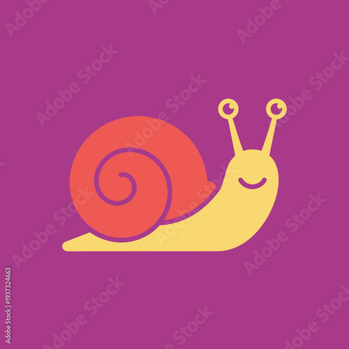 Cartoon snail with a yellow body and red shell on purple background.
