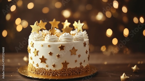 Golden Star Cake on a Table With Lights in the Background During a Celebration