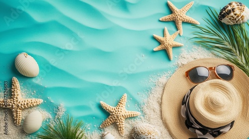 Beach Summer Scene With Starfish, Shells, Hat, and Sunglasses on Sand