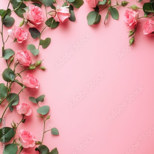 Flowers Create a Border on a Pink Background With Soft Greenery and Roses
