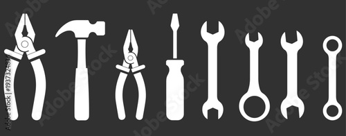 Hand tools silhouettes set, pliers hammer screwdriver wrench icons collection, mechanic repair toolkit vector isolated on dark background