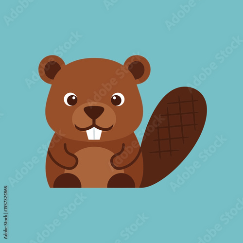 Cartoon beaver with large front teeth and a textured tail on a blue background.