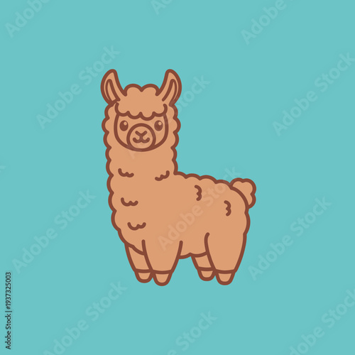 Cute, cartoon-style llama with fluffy fur and upright ears on a blue background.
