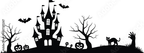 Haunted house silhouette illustration, spooky Halloween night scene with bats, pumpkins, black cat and creepy graveyard landscape