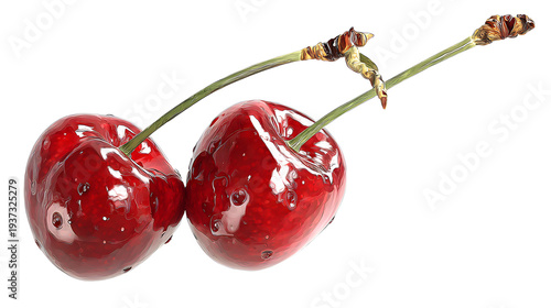 Ultra realistic HD cherry pair glossy red stems attached, isolated on white background