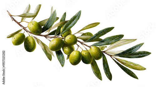 Ultra realistic HD olive branch with green olives, isolated on white background
