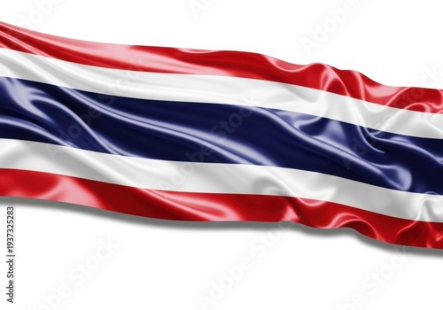 Thai flag made of silk with red, white, and blue stripes isolated on white background