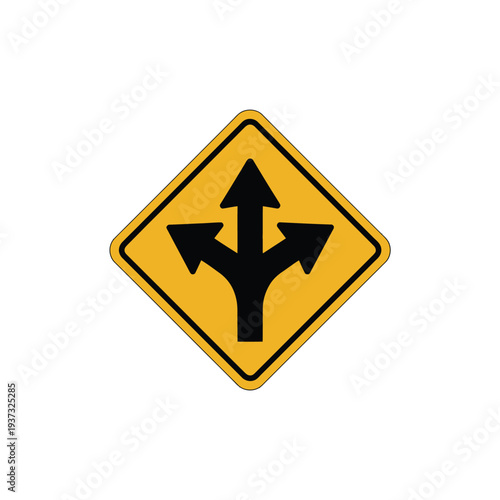 Road sign indicates three possible directions or choice ahead now.