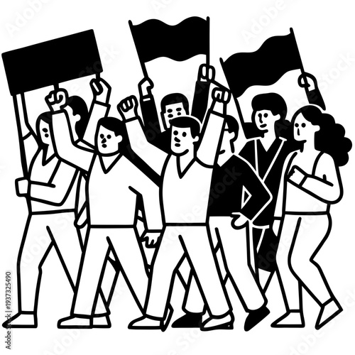 Group of protesters expressing solidarity with banners on a white background