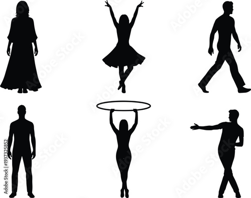 Human silhouette collection, black figure poses, artistic movement icons, walking and dancing shapes, hoop gesture design, posture illustration set