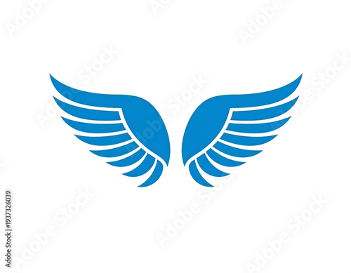 Symmetrical pair of blue wings spread wide, curving gently against a stark white backdrop