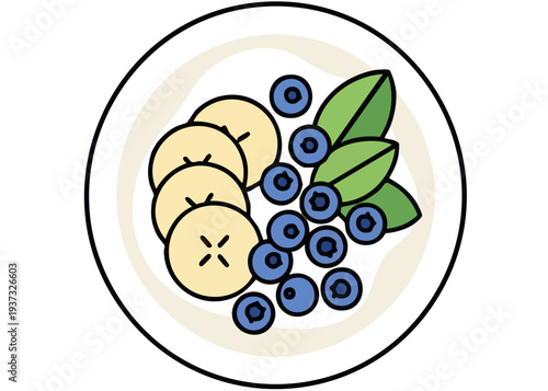 A plate of blueberries and bananas.