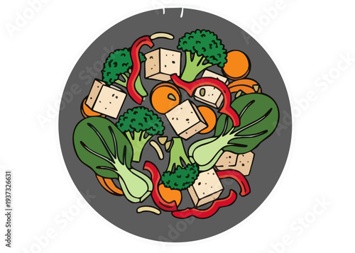A colorful illustration of mixed vegetables and tofu.