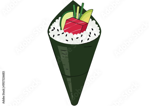 Delicious sushi cone with rice and vegetables.