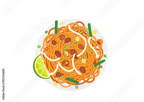 A plate of noodles with lime and herbs.