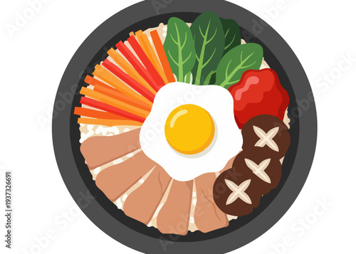 Delicious bowl of food with egg and vegetables.