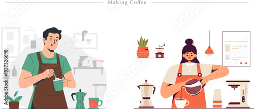 Making Coffee Flat Character Illustration Barista Café Brewing Set