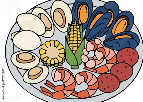 Delicious seafood platter with corn and eggs.