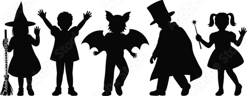 Kids Halloween costume silhouettes set, witch vampire bat and fairy children isolated on white background illustration