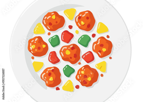 A plate of colorful pizza with toppings.