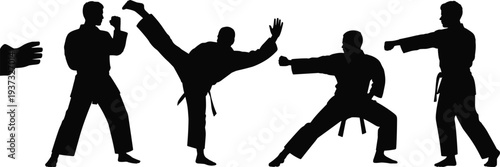 Karate martial arts silhouettes set, fighters performing punch and high kick isolated on white background sports training illustration
