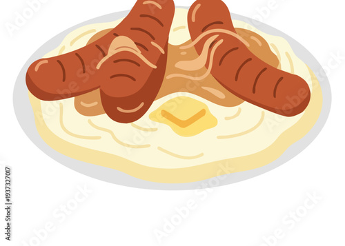 Delicious breakfast plate with sausages and pancakes.