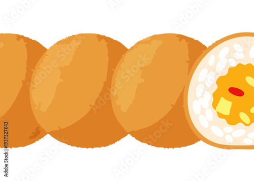 A row of sushi rolls on a plate.