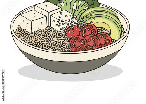 Illustration of a nutritious bowl with quinoa, tofu, avocado, and vegetables.